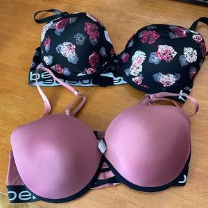 BEBE 2-pck bras. 38C. rose pink and black floral. Never worn.Underwire.